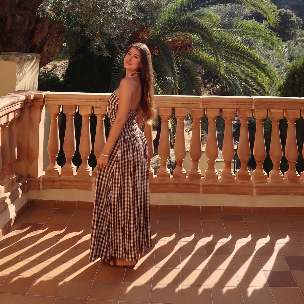Women’s Gingham Strapless Maxi Dress - Brown Plaid